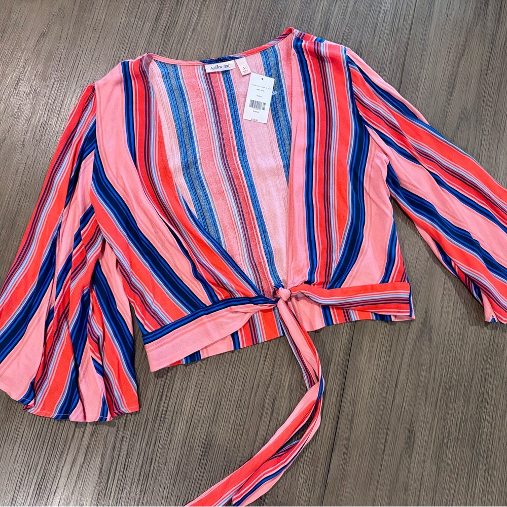 Red and Blue Wrap Blouse with Relaxed Sleeves